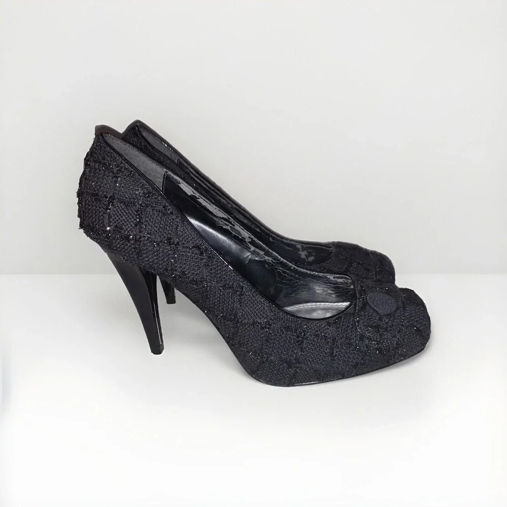 White House Black Market Edison Pumps Womens 8.5 Black Tweed Metallic Heels Glam